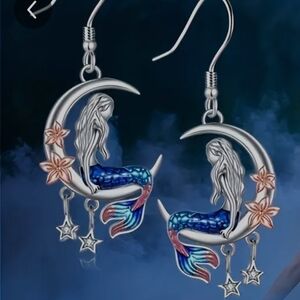 Silver Mermaid Earrings with Blue and Pink Accents